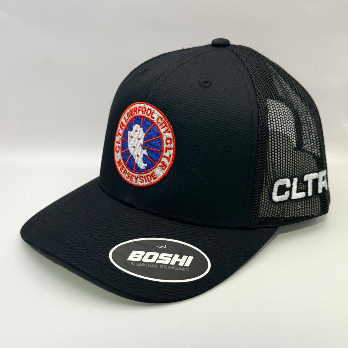 Black cap with logos on a white background